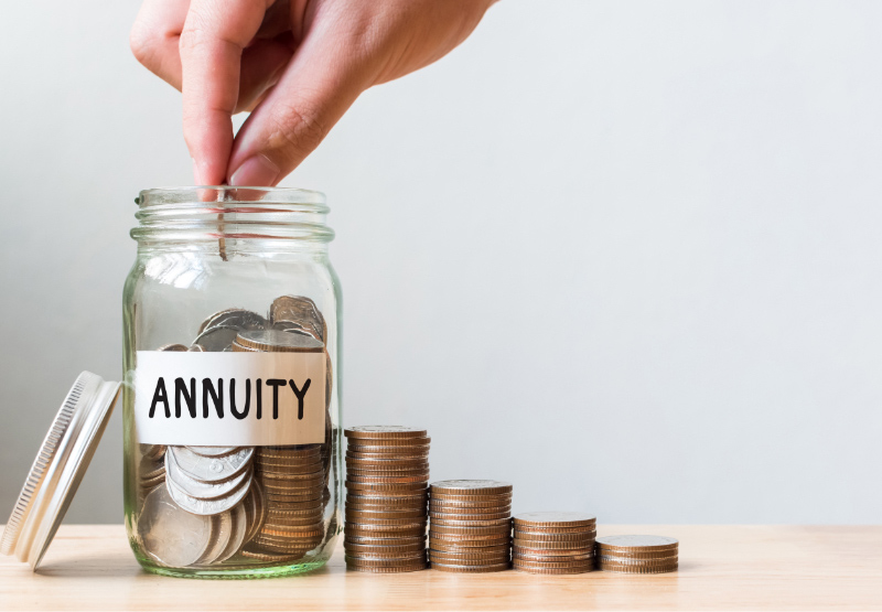 Annuity jar with savings stacked coins